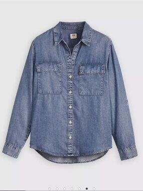 Levi's XL Doreen Utility Shirt In Patches Dark Wash Denim Long-Sleeve Button Top